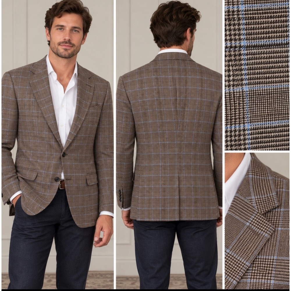 Jos. A. Bank 1905 Tailored Fit Sport Coat Brown Blue Plaid Linen Wool 40R